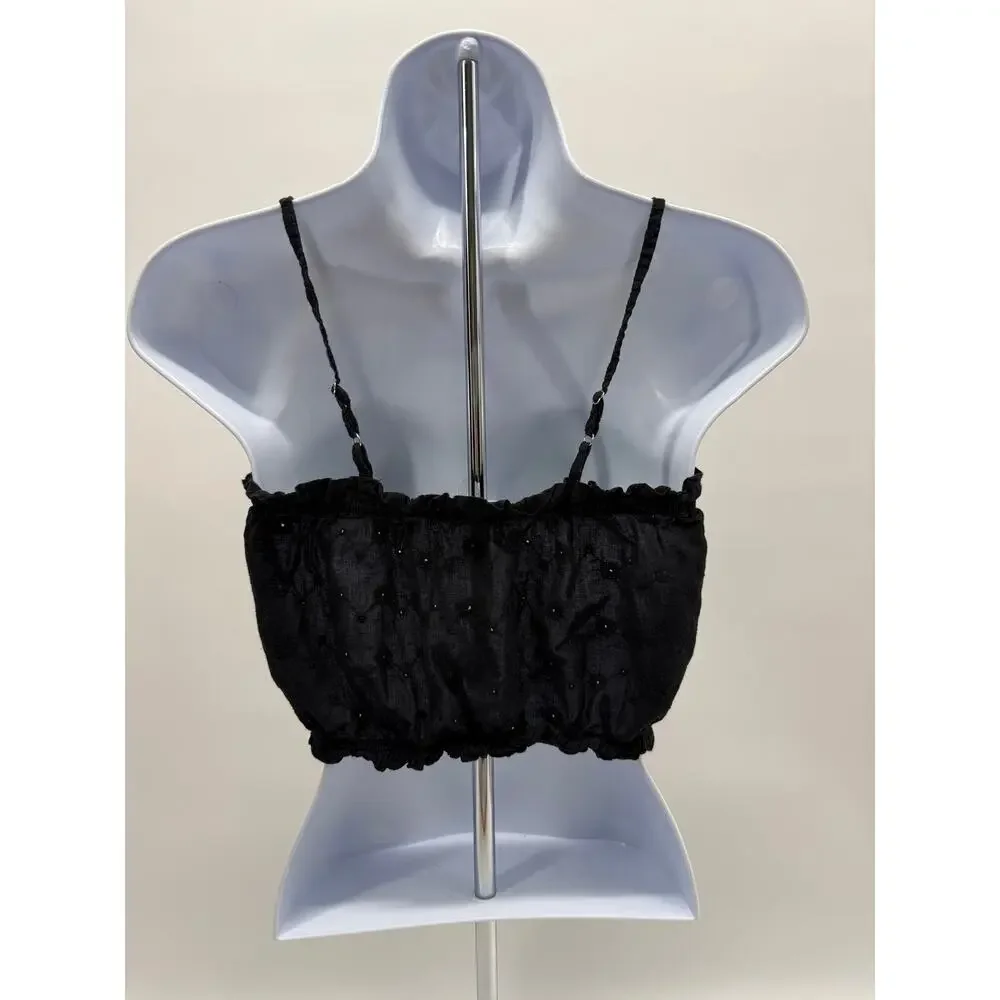 Active USA Black Cotton Eyelet Cropped Cami Tank Top Smocked Boho Size Small